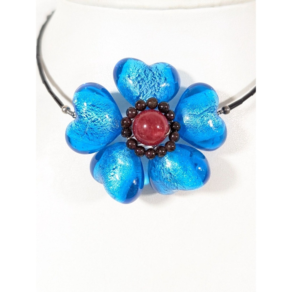 Blue Dichroic Glass Flower Choker Necklace Artisan Beaded Flex‎ Wire 19"